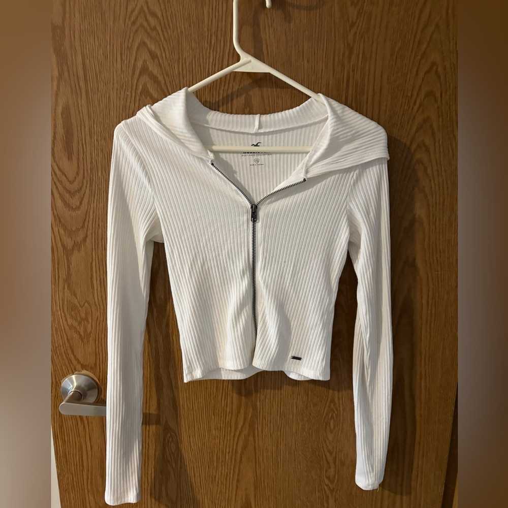 White Ribbed Hollister Zip-Up Hoodie